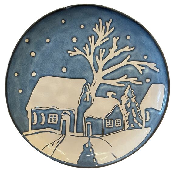 Eli + Ana Christmas Blue Nite Winter Snowy Cabin Salad Plates 8in Set of 4 NEW - Picture 1 of 11
